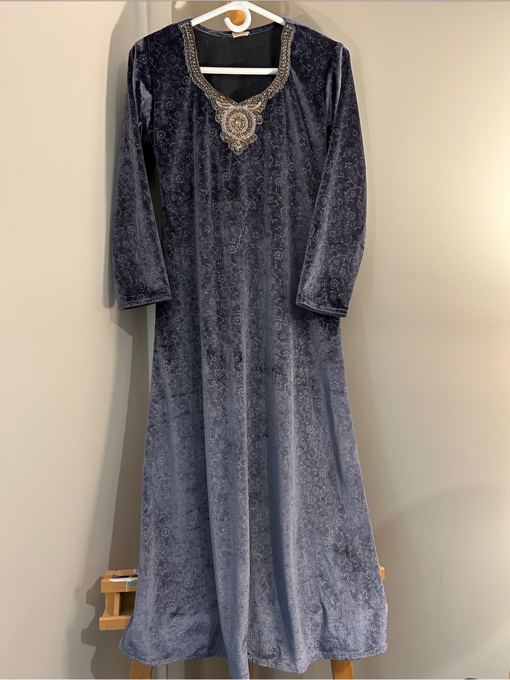 VINTAGE Anmol Embellished Crushed Blue Velvet Dress Size L